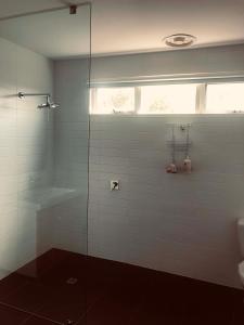 a bathroom with a glass shower with a toilet at Wattle Seed Beach House in Evergreen +16 photos