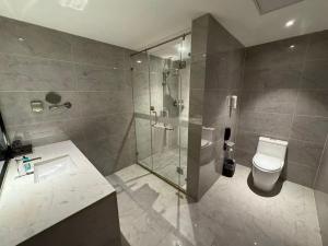 een badkamer met douche, toilet en wastafel bij Ward Hotel Jinan Harmony Plaza Qilu Children's Hospital Branch in Jinan