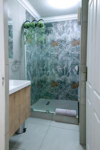 a bathroom with a shower with a shower curtain at Neptunes Hideaway in Jeffreys Bay +22 photos