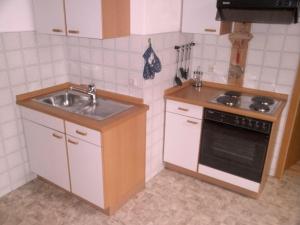 a small kitchen with a sink and a stove at Dachgeschosswohnung Mit Toller Aussicht Vom Balkon in Bayersoien