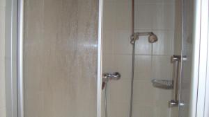 a shower with a glass door in a bathroom at Dachgeschosswohnung Mit Toller Aussicht Vom Balkon in Bayersoien +2 photos