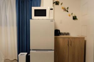 a microwave on top of a refrigerator in a kitchen at 青麦旅館台東店 in Tokyo