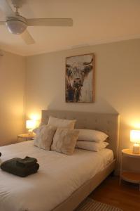 ein Schlafzimmer mit einem großen weißen Bett mit zwei Lampen in der Unterkunft Vale & Vine in McLaren Vale