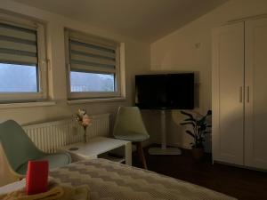 a bedroom with a bed and a tv and two chairs at Apartments Königstein im Taunus in Königstein im Taunus