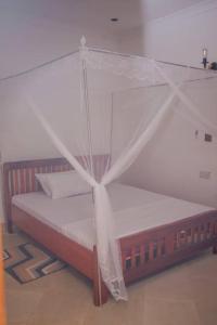 a bed with a mosquito net on top of it at Off Airport Kilimanjaro lodge in Boma la Ngombe +11 photos