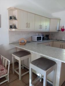 a kitchen with a counter with stools and a microwave at The Palm Tree in Saldanha +9 photos