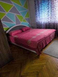 a bedroom with a pink bed and a colorful wall at Jednosoban stan centar Ela in Pirot +9 photos