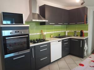 een keuken met zwart-witte apparatuur en groene muren bij L'Estran qu'Île - Proche plages in LʼÎle-dʼOlonne +15 foto's