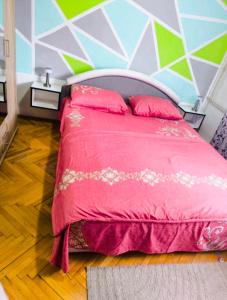 a pink bed with pink pillows in a bedroom at Jednosoban stan centar Ela in Pirot