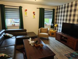 a living room with a leather couch and a tv at Ferienhaus am Sauerbrunnen in Daun