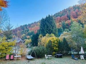 a group of tables and chairs in a park at Ferienhaus Albmatte-Naturidyll am Fluss-Novemberaktion-Sauna inklusive in St. Blasien