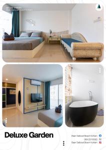 a collage of two pictures of a hotel room at Baan Sailboat Beach Kohlarn in Ko Larn