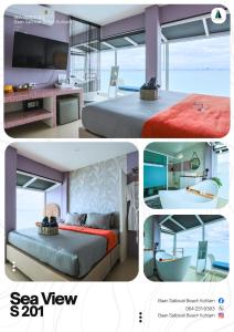 a collage of three pictures of a bedroom at Baan Sailboat Beach Kohlarn in Ko Larn