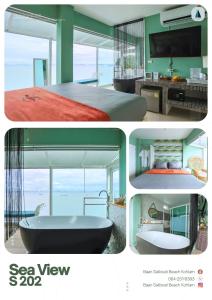 a collage of three pictures of a bedroom and a bath tub at Baan Sailboat Beach Kohlarn in Ko Larn