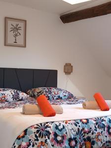 2 Betten mit bunten Kissen in einem Schlafzimmer in der Unterkunft La grande maison berrichonne in Aigurande