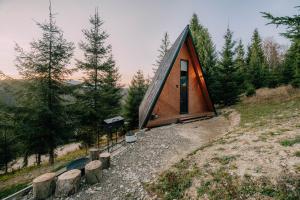 une petite cabane en bois sur une colline avec des arbres dans l'établissement УЛІС Ворохта, à Ilʼtsya Gurny