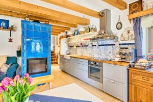 a kitchen with blue and white cabinets and a blue cabinet at Chaloupka Ovčárna in Jindrichuv Hradec