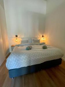 a bedroom with a large bed with two lamps on it at Farmhouse Bintje met Airco in Westdorpe