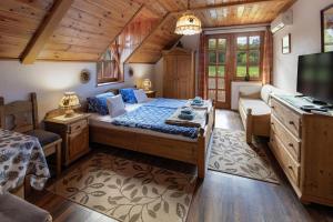 a bedroom with a bed and a tv in a room at Hanga Vendégház Parád in Parád