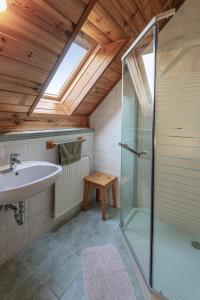 a bathroom with a glass shower and a sink at Hanga Vendégház Parád in Parád