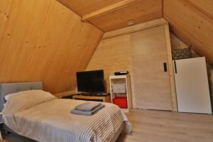 a bedroom with a bed and a tv in a room at Całoroczny, drewniany domek przy lesie in Prażmów