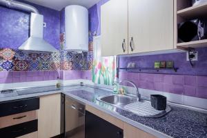 サン・ファン・デ・アスナルファラチェにあるSan Juan Bien Comunicadoの紫色のタイル張りの壁とシンクのあるキッチン
