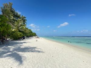 a beach with palm trees and people in the water at Ripple Beach Inn in Hulhumale