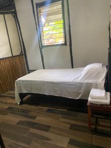 a bed in a room with a window at Caribbean House in Sarteneja