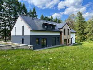 a house with a black roof and a green field at Apartmán u Dolní Moravy in Prostřední Lipka