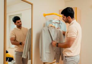 a man standing in front of a mirror holding a jacket at Bloom Hotel - Whitefield in Bangalore