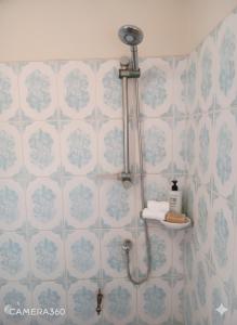 een douche in een badkamer met blauwe en witte tegels bij ASSOUKA Eco-Village du lac Nokoué in Abomey-Calavi