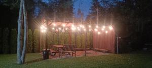 a lit up gazebo with a picnic table and lights at Całoroczny, drewniany domek przy lesie in Prażmów +29 photos