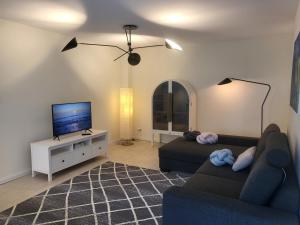 a living room with a couch and a flat screen tv at Böhler Haubarg Böhler Stuv 7 in Böhl