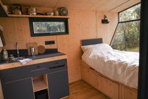 una pequeña cocina con una cama en una casa pequeña en Sleep Space 1 - Green&Tiny Spot Osterwieck Birkenmühle, en Osterwieck