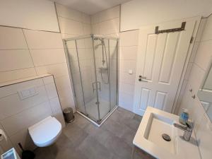 a bathroom with a shower and a toilet and a sink at !!!NEU!!! FEWO Sanna in Dornum +16 photos