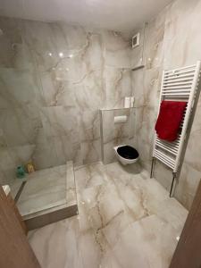 Un baño blanco con un inodoro y una toalla roja. en Nice apartment in Old Town, en Bratislava 29 fotos más