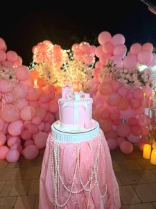 a pink cake on a table in front of a wall of balloons at Villa "Rezi-dencia" in Batumi +77 photos