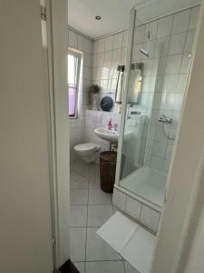 une salle de bains avec douche, toilettes et lavabo dans l'établissement Landblick, à Ovelgönne