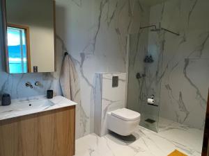 een badkamer met een douche, een toilet en een wastafel bij Saeluheimur - Oceanside Sanctuary in Akureyri