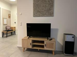un téléviseur à écran plat posé sur un centre de divertissement en bois dans l'établissement Stylische Wohnung mit Garten im Zentrum, à Neumünster