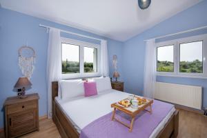 a blue bedroom with a bed with a tray of food on it at Green Hill Villa in Daratso
