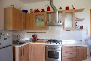 una cucina con armadietti in legno ed elettrodomestici in acciaio inossidabile di Casa della Zia a Marotta