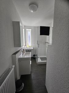 a white bathroom with a sink and a shower at Work & Stay Tailfingen in Albstadt +15 photos
