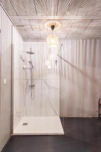 a shower with a glass door in a room at Le Rétro Club Discothèque in Champlay +145 photos