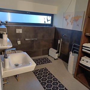 a bathroom with a sink and a tub with a window at Natuurlijk leuk in Sterksel +23 photos