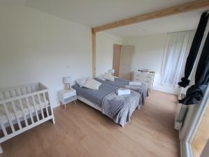 ein Schlafzimmer mit zwei Betten und einem Fernseher in der Unterkunft Chalet Bois 6 personnes Sauna et Gym in Bellecombe