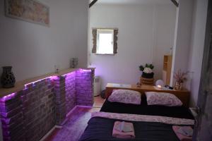 バチュカ・パランカにあるStan na dan 4youのレンガの壁、ベッド2台が備わるベッドルーム1室が備わります。