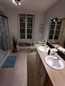 une salle de bains avec deux lavabos et un grand miroir dans l'établissement L'envol, à Germond