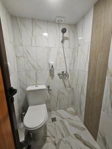 a bathroom with a toilet and a shower with marble tiles at Complex Chilingira in Osikovo