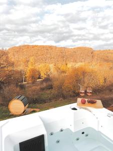 een hot tub met uitzicht op een berg bij Eulennest mit Whirlpool und Sauna in Bermel